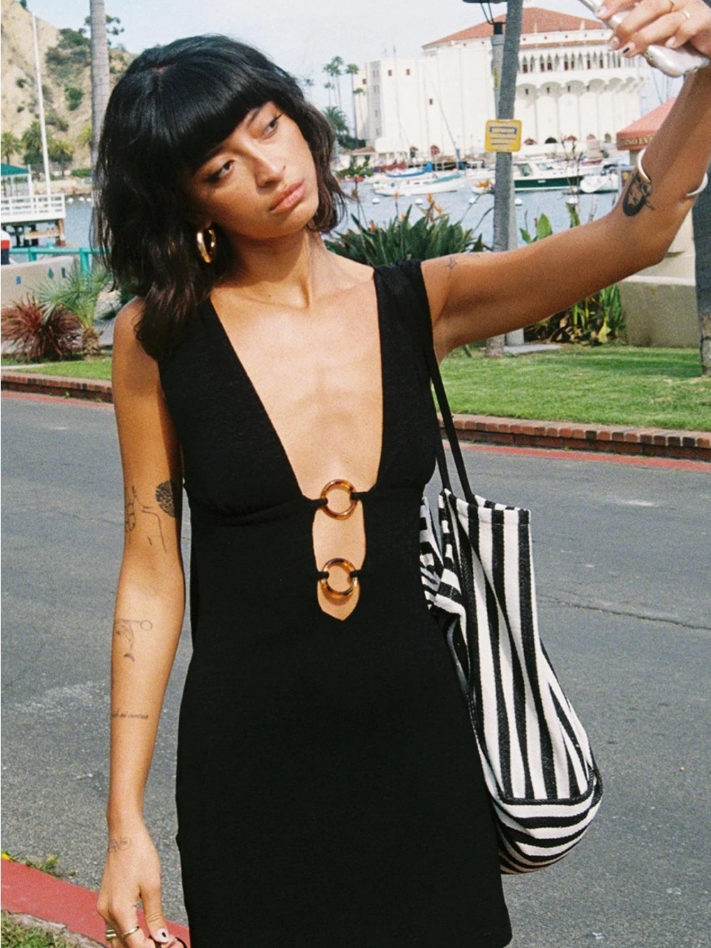 Princess Polly Black Plunging Mini Dress with Gold Ring Details